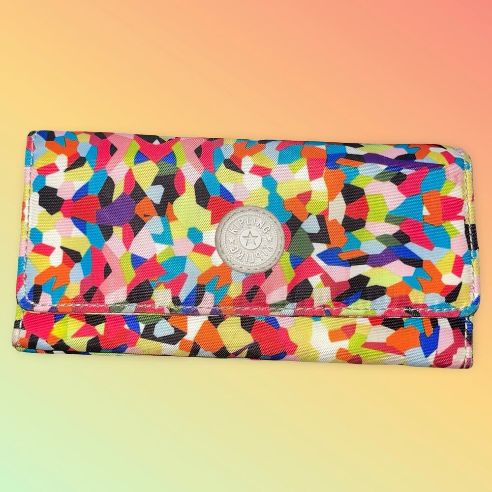 Kipling Money Land Large RFID Snap Wallet Multicolor Mosaic Nylon Organizer